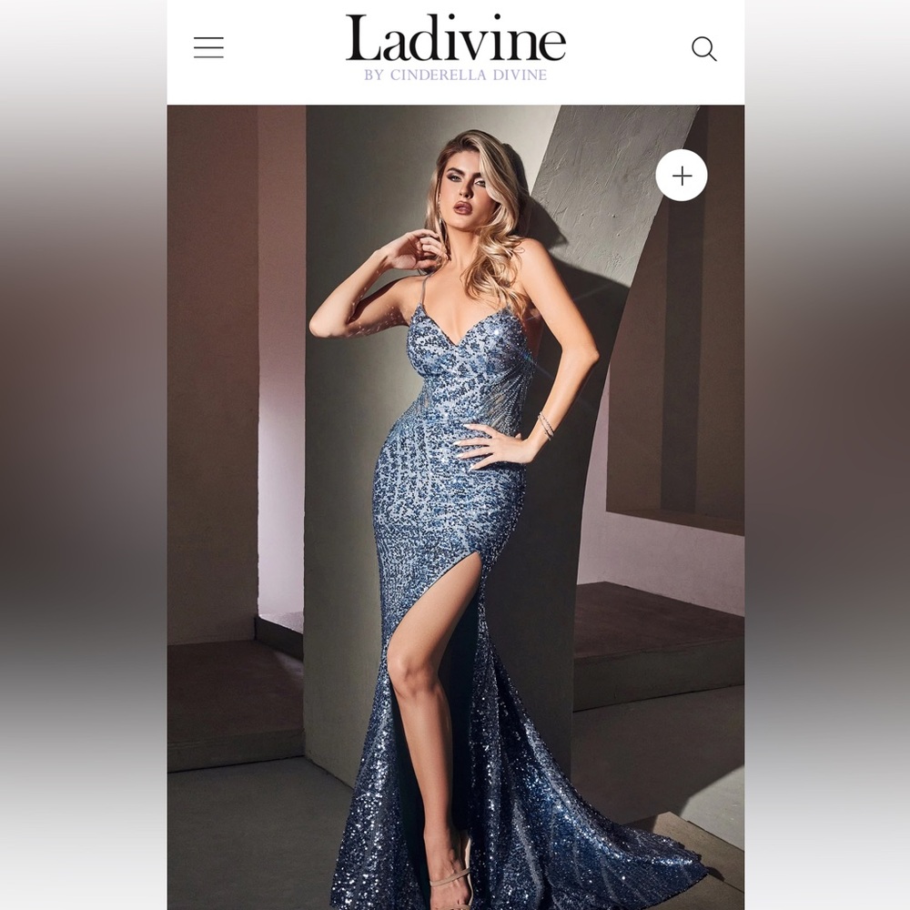 Ladivine CDS421 Fitted gown. Size 6 in smoky blue
